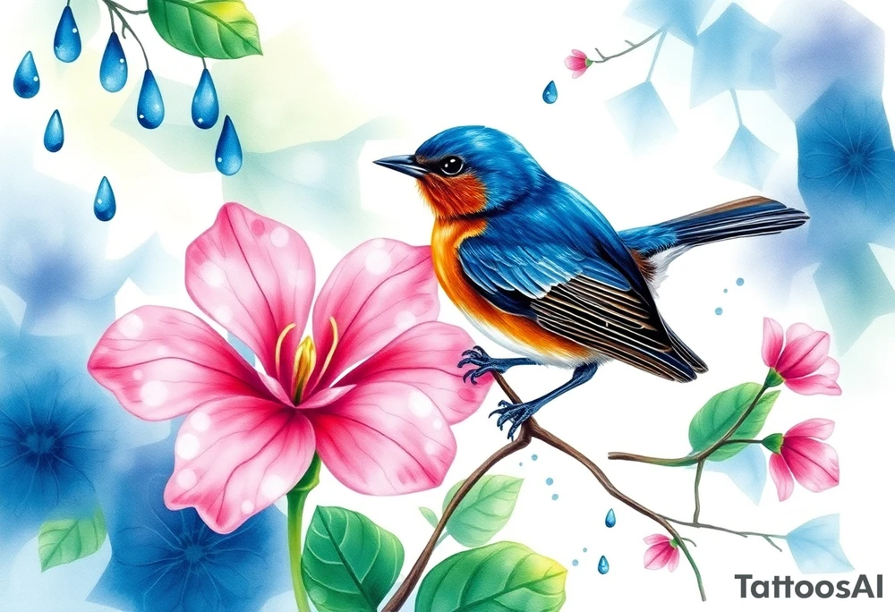 forest background
blue rain drops
pink camelia flower
blue and brown wren bird tattoo idea