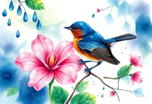 forest background
blue rain drops
pink camelia flower
blue and brown wren bird tattoo idea