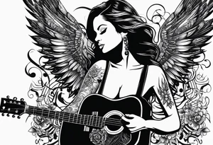 Microphone and musical notes and guitar and wings and female tattoo idea