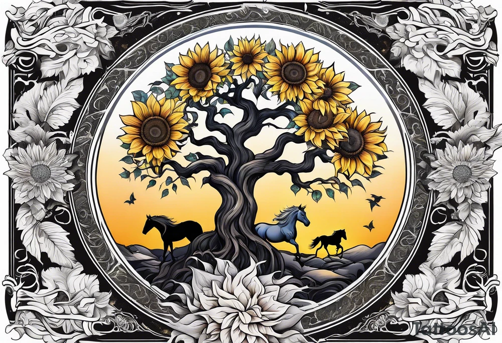Yggdrasil tree, horse, sunflower tattoo idea