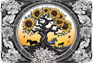 Yggdrasil tree, horse, sunflower tattoo idea