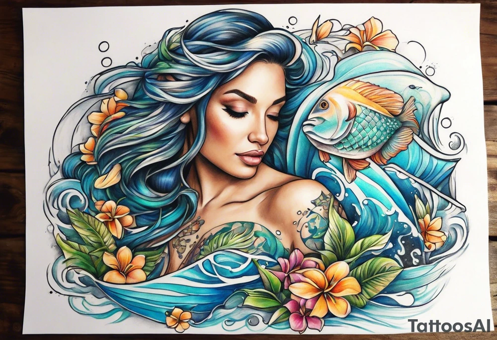 Pisces summer beach mother love tattoo idea