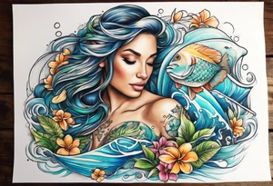 Pisces summer beach mother love tattoo idea
