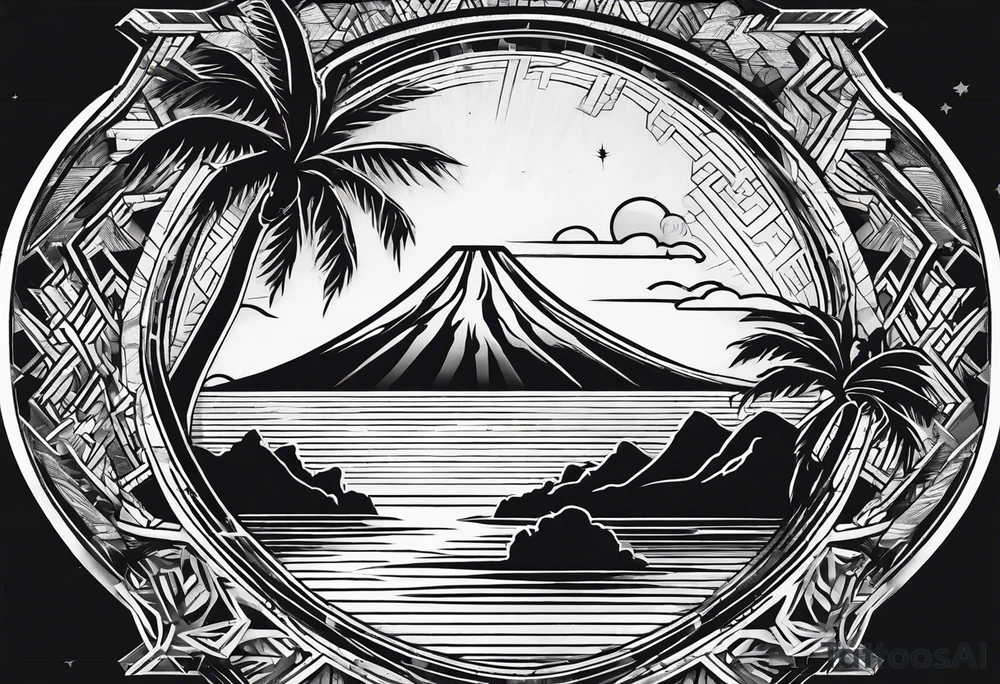 fineline tattoo of a palm tree with a volcano on the back for the arm tattoo idea