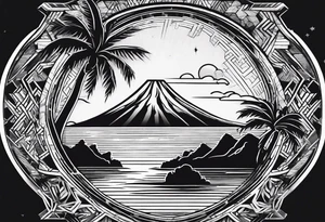 fineline tattoo of a palm tree with a volcano on the back for the arm tattoo idea