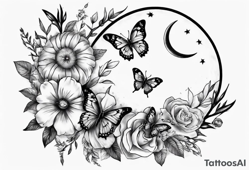 Thigh tattoo with floral and butterflies and moon. Show on thigh tattoo idea