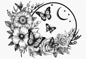 Thigh tattoo with floral and butterflies and moon. Show on thigh tattoo idea