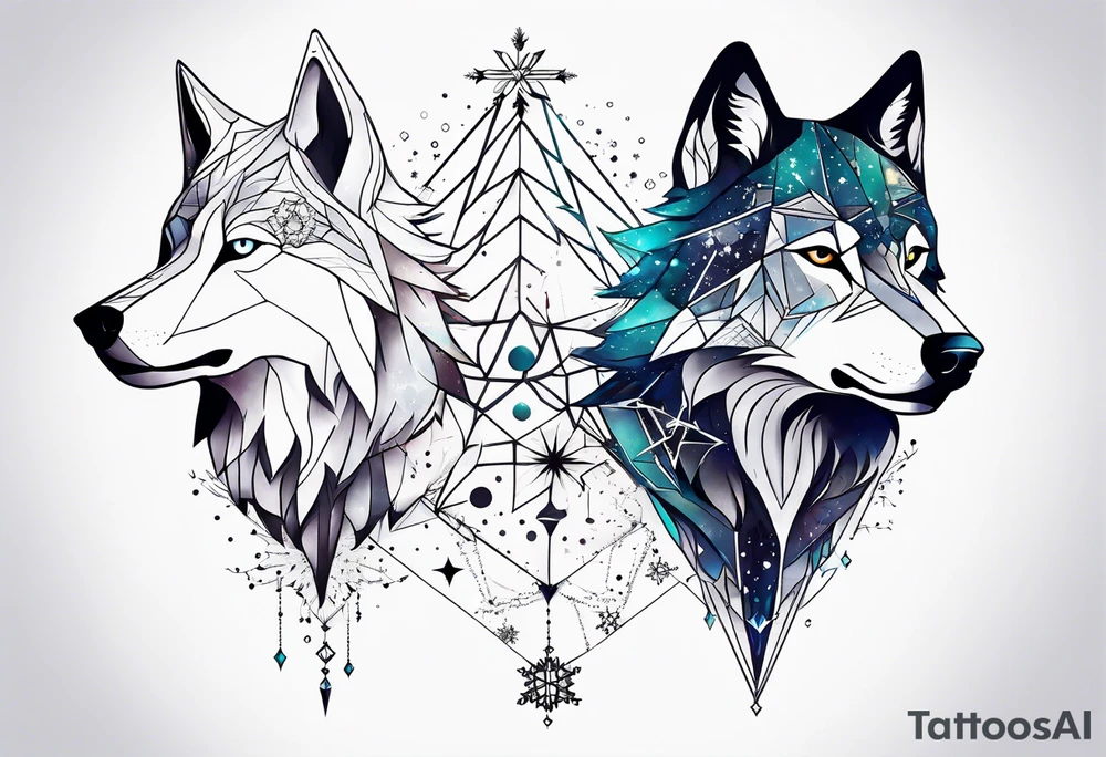 Constellation, two animal wolf, géométric, snowflake tattoo idea