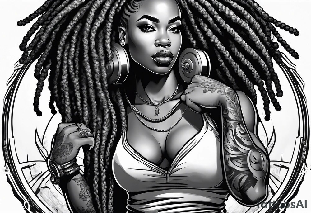 Black woman with locs full body holding barbell tattoo idea