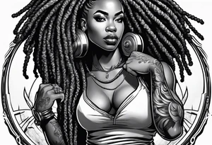 Black woman with locs full body holding barbell tattoo idea