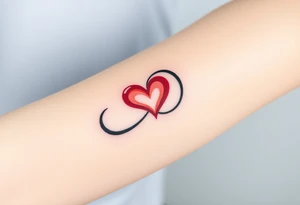 A sleek black infinity symbol intertwined with a delicate red heart, symbolizing everlasting love with a modern touch tattoo idea