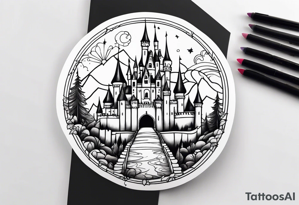 Fairytale castle in landscape tattoo idea