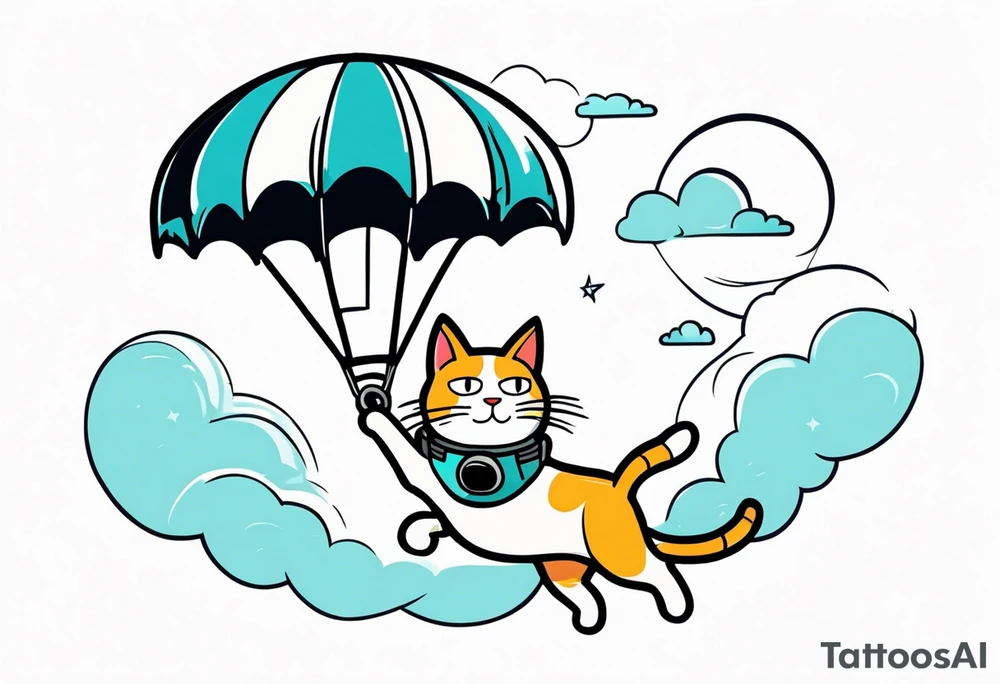 cat going skydiving with parachute in the rick and morty style tattoo idea