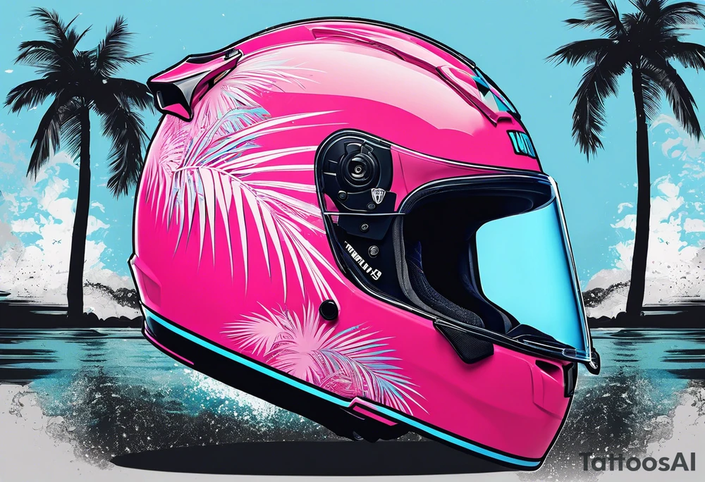 Formula 1 Helment with the Miami name a palm tree and pink and light blue colors tattoo idea
