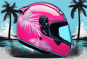 Formula 1 Helment with the Miami name a palm tree and pink and light blue colors tattoo idea