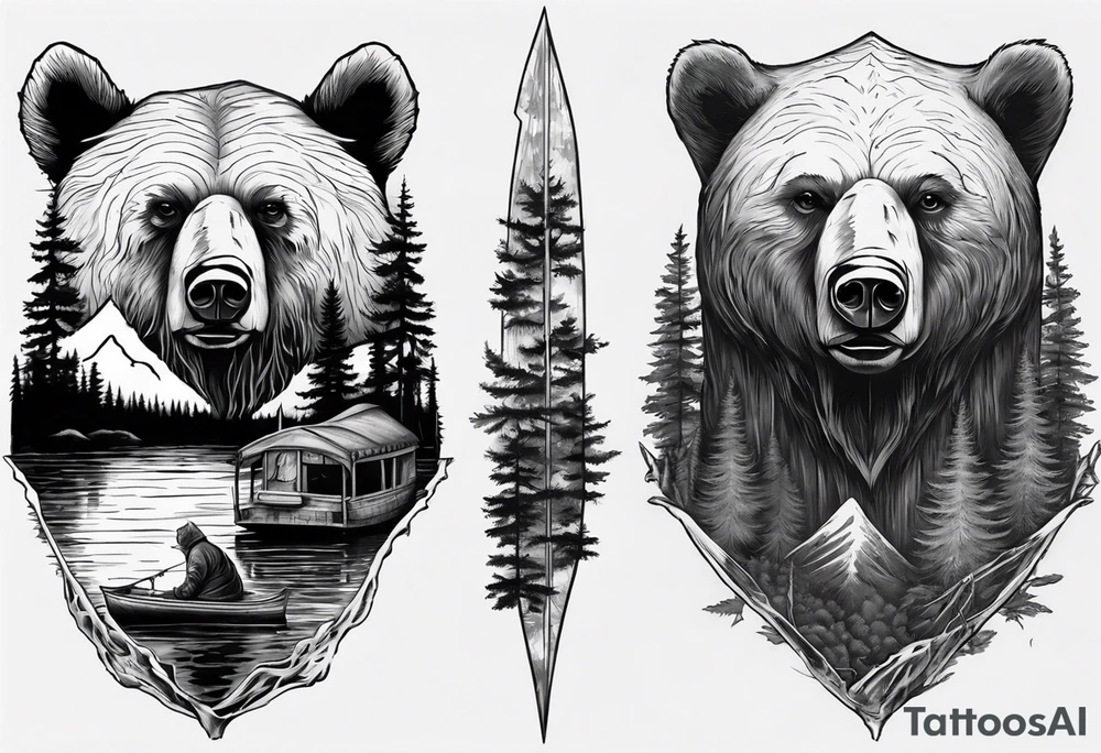 bear head right above the forest line with a lake below with a small fisher boat floating on it, full sleeve tattoo tattoo idea