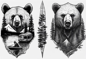 bear head right above the forest line with a lake below with a small fisher boat floating on it, full sleeve tattoo tattoo idea