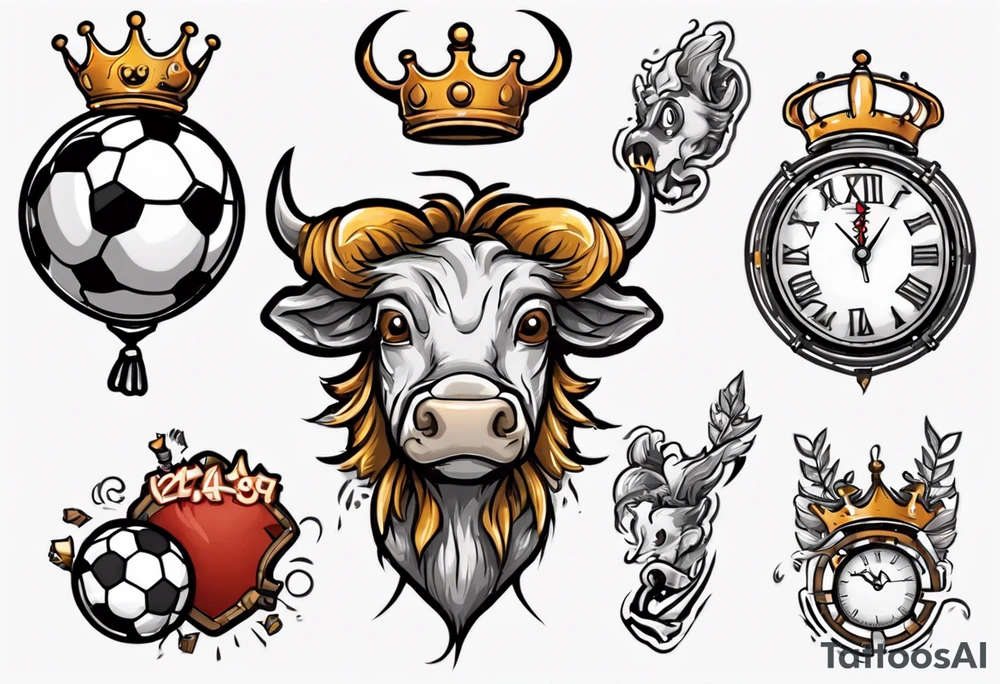 Ballon de football avec le numéro23 ,  une horloge avec une couronne,  le tout avec au fond un taureau tattoo idea