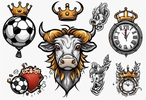 Ballon de football avec le numéro23 ,  une horloge avec une couronne,  le tout avec au fond un taureau tattoo idea