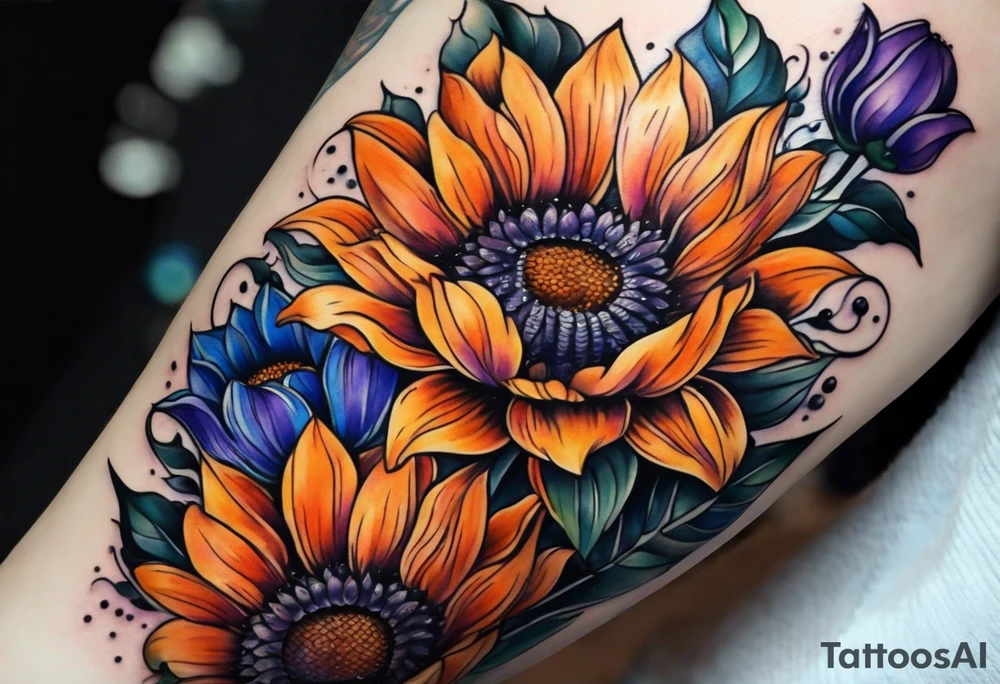 Full arm sleeve with purple, orange and blue sunflowers tattoo idea