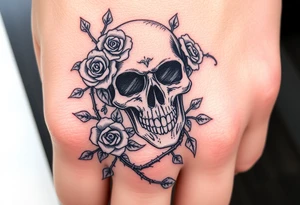gothic skull intertwined with climbing roses and thorny vines tattoo idea