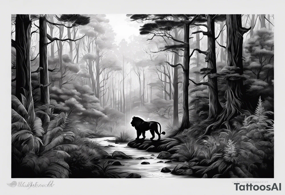 realistic black and gray  dark 
forest with a small lion walking into the forest with a spiritual component tattoo idea