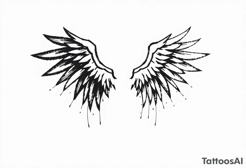 the wings go up

This tattoo design features a pair symmetrical angel wings drawn in black ink with a rough, sketch-like style. The left wing is darker, more defined, and appears denser, while the right wing is lighter, more delicate, and fragmented, creating a contrast between the two. The feathers are sharp and irregular, with fine lines and stray strokes extending outward, adding a raw and artistic feel. The overall look is dynamic and slightly chaotic, giving the impression of movement or an unfinished, ethereal form. This design symbolizes duality, freedom, transformation, or even struggle, making it a meaningful and visually striking tattoo. tattoo idea