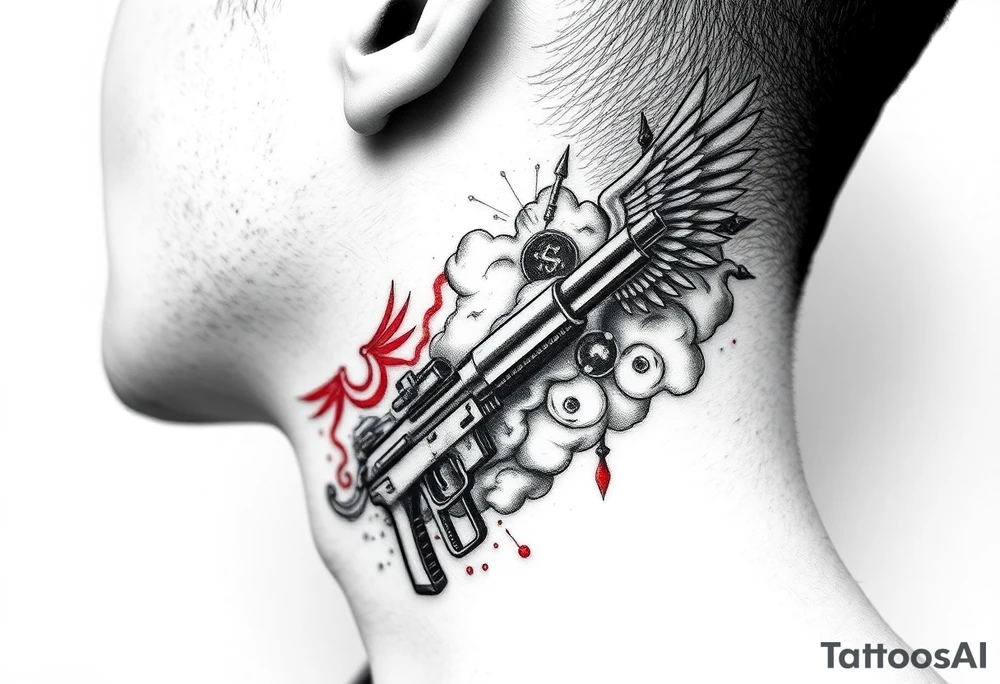 deepfull description of details with clouds,fire guns, money,angels and red for the side of neck tattoo idea