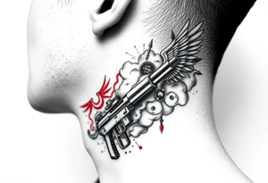 deepfull description of details with clouds,fire guns, money,angels and red for the side of neck tattoo idea