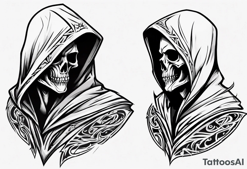 side view, hooded reaper upper body, no skull tattoo idea