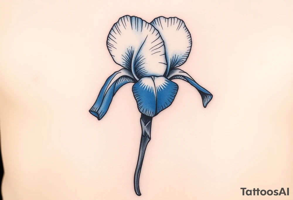Single blue iris flower in the style of Van Gogh. One petal falling and one upright. Tattoo is to be on abdomen. tattoo idea