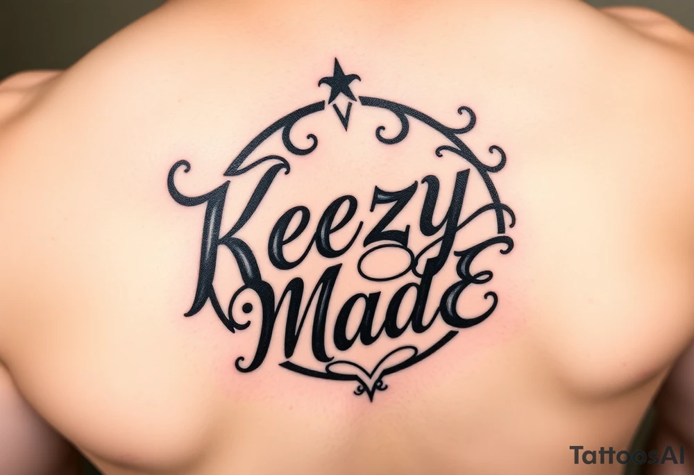 Just lettering  fancy but rugged twisted and intertwined circular arched curvy lettering in a circular  that would be clothing brand style that says (KeezY MadE) tattoo idea