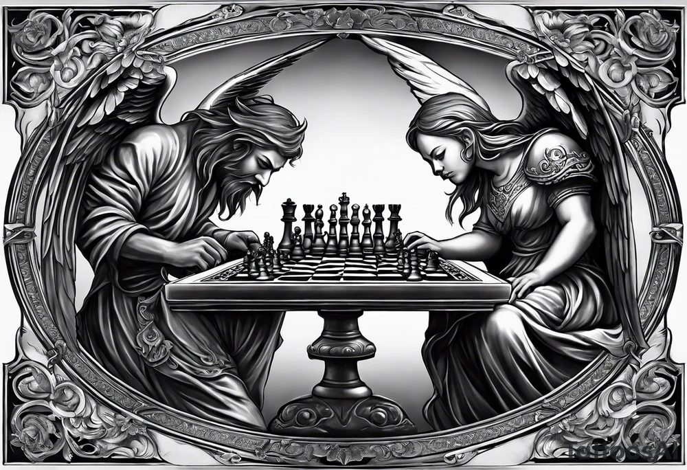 Depict an angel and demon playing chess on a board that morphs from celestial clouds to fiery inferno, representing the merging of the spiritual realms in the eternal game tattoo idea
