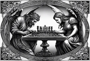 Depict an angel and demon playing chess on a board that morphs from celestial clouds to fiery inferno, representing the merging of the spiritual realms in the eternal game tattoo idea