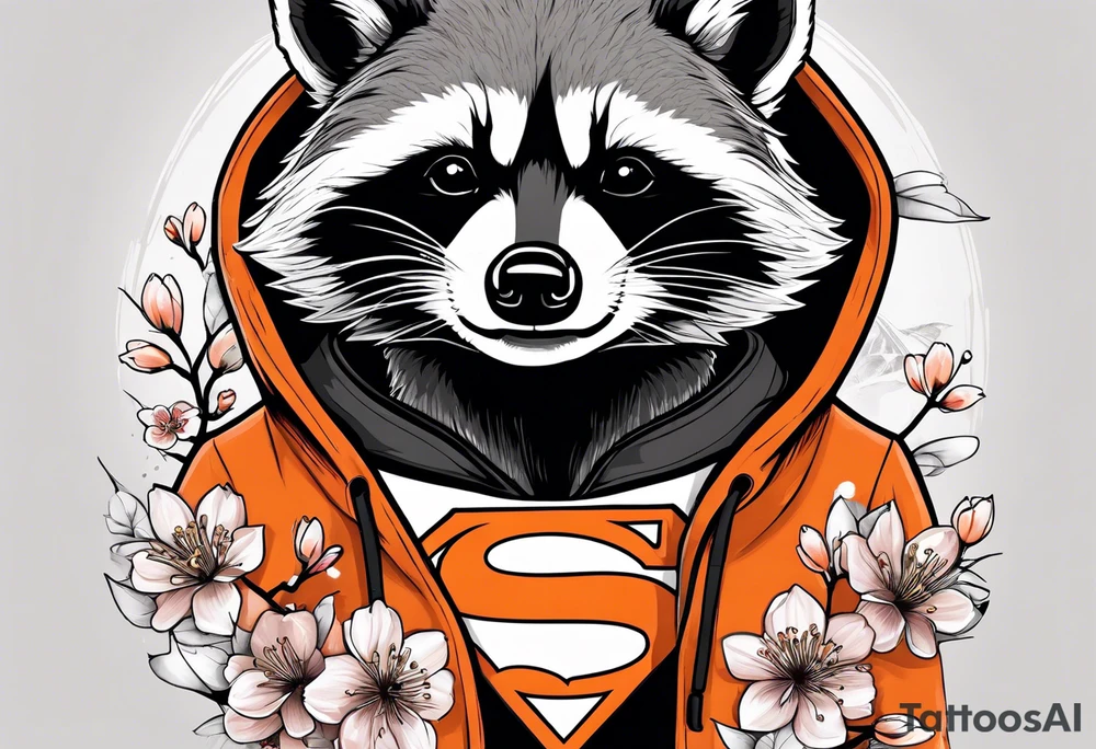 Raccoon wearing a white Superman logo on a black hoodie and orange Japanese cherry blossoms tattoo idea