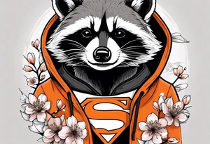 Raccoon wearing a white Superman logo on a black hoodie and orange Japanese cherry blossoms tattoo idea
