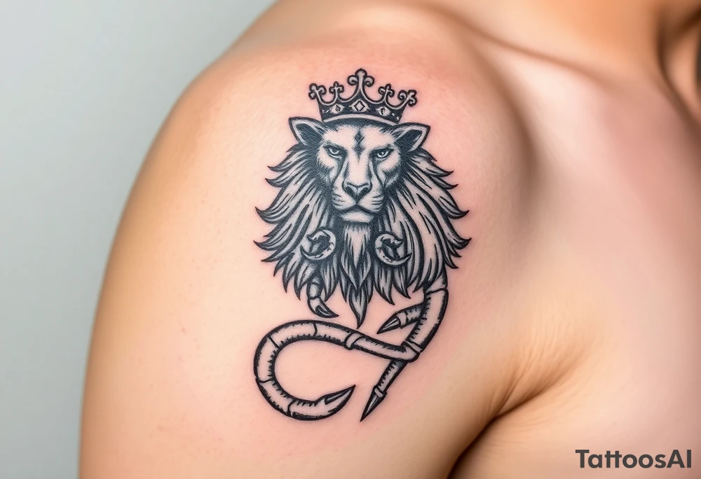 Full arm tattoo, Poseidon , a powerful and majestic lion with a crown and in the middle of this crown a square is a freemason's compass, a realistic scorpion, tattoo idea