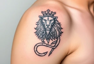 Full arm tattoo, Poseidon , a powerful and majestic lion with a crown and in the middle of this crown a square is a freemason's compass, a realistic scorpion, tattoo idea
