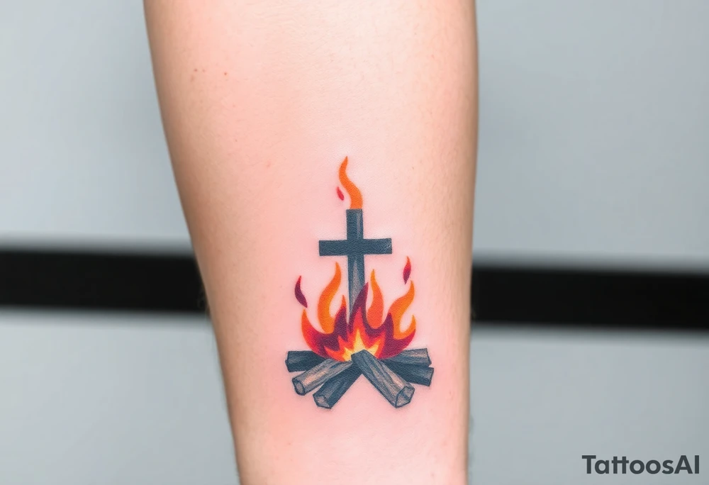 Campfire with a cross hidden in the flames tattoo idea