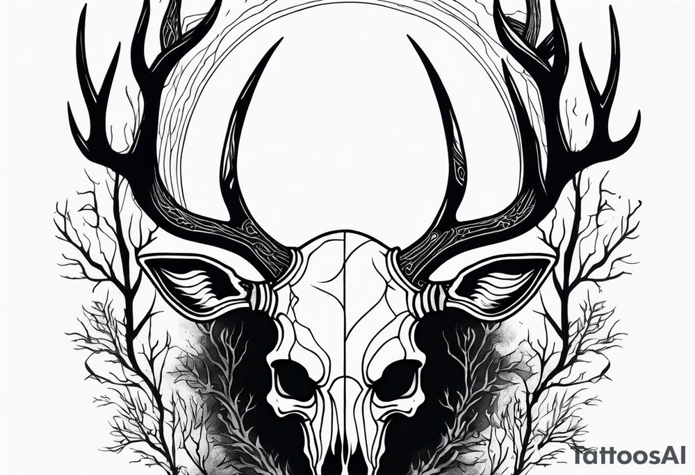 Scary side profile of a DECAYING deer skull JUST BONE surrounded by a flames and trees tattoo idea