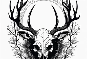 Scary side profile of a DECAYING deer skull JUST BONE surrounded by a flames and trees tattoo idea