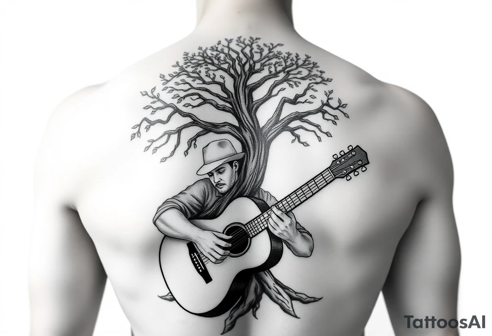 Man with hat
 playing acoustic guitar underneath tree of life concept style tattoo idea
