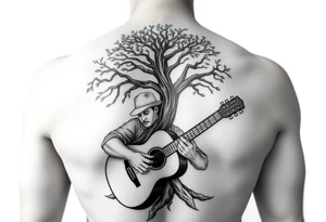 Man with hat
 playing acoustic guitar underneath tree of life concept style tattoo idea