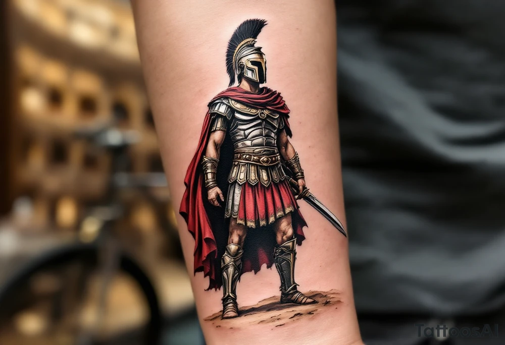 gladiator roman soldier standing colosseum interior combat sword helmet cape sand wind eagle legion trace tattoo idea