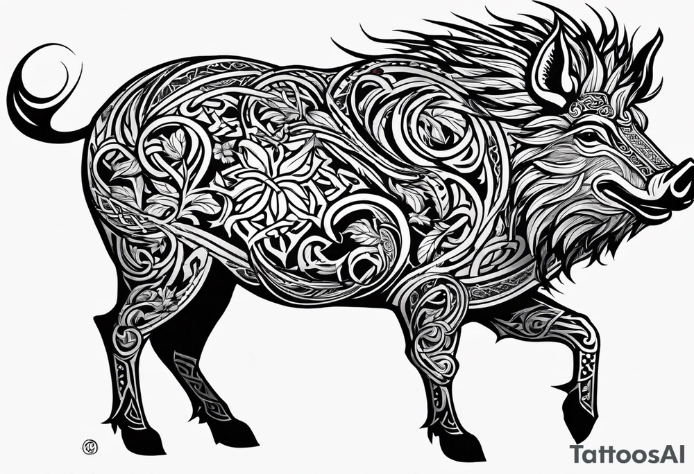 A classic tribal Celtic boar Integrated with a Chatwin, family crest and a Thistle. Simple with few lines. tattoo idea
