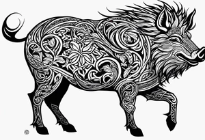 A classic tribal Celtic boar Integrated with a Chatwin, family crest and a Thistle. Simple with few lines. tattoo idea