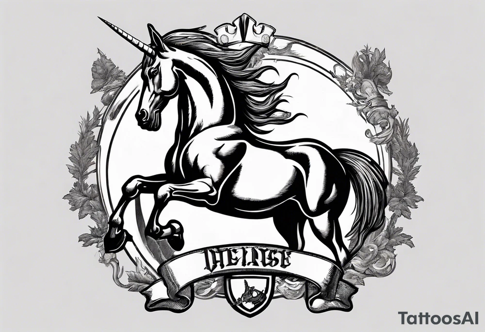 Coat of arms with a thick, tough looking unicorn that is smoking a cigarette and is wearing dark glasses. The horse should be like thicker than a Clydesdale tattoo idea Coat of arms with a thick, tough looking unicorn that is smoking a cigarette and is wearing dark glasses. The horse should be like thicker than a Clydesdale tattoo idea