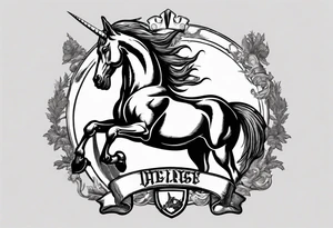 Coat of arms with a thick, tough looking unicorn that is smoking a cigarette and is wearing dark glasses. The horse should be like thicker than a Clydesdale tattoo idea