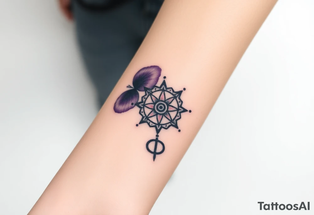 African violet with detailed compass at its center representing feminine power and an ankh or Celtic knot tattoo idea