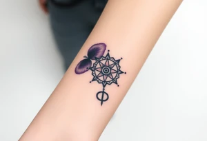 African violet with detailed compass at its center representing feminine power and an ankh or Celtic knot tattoo idea